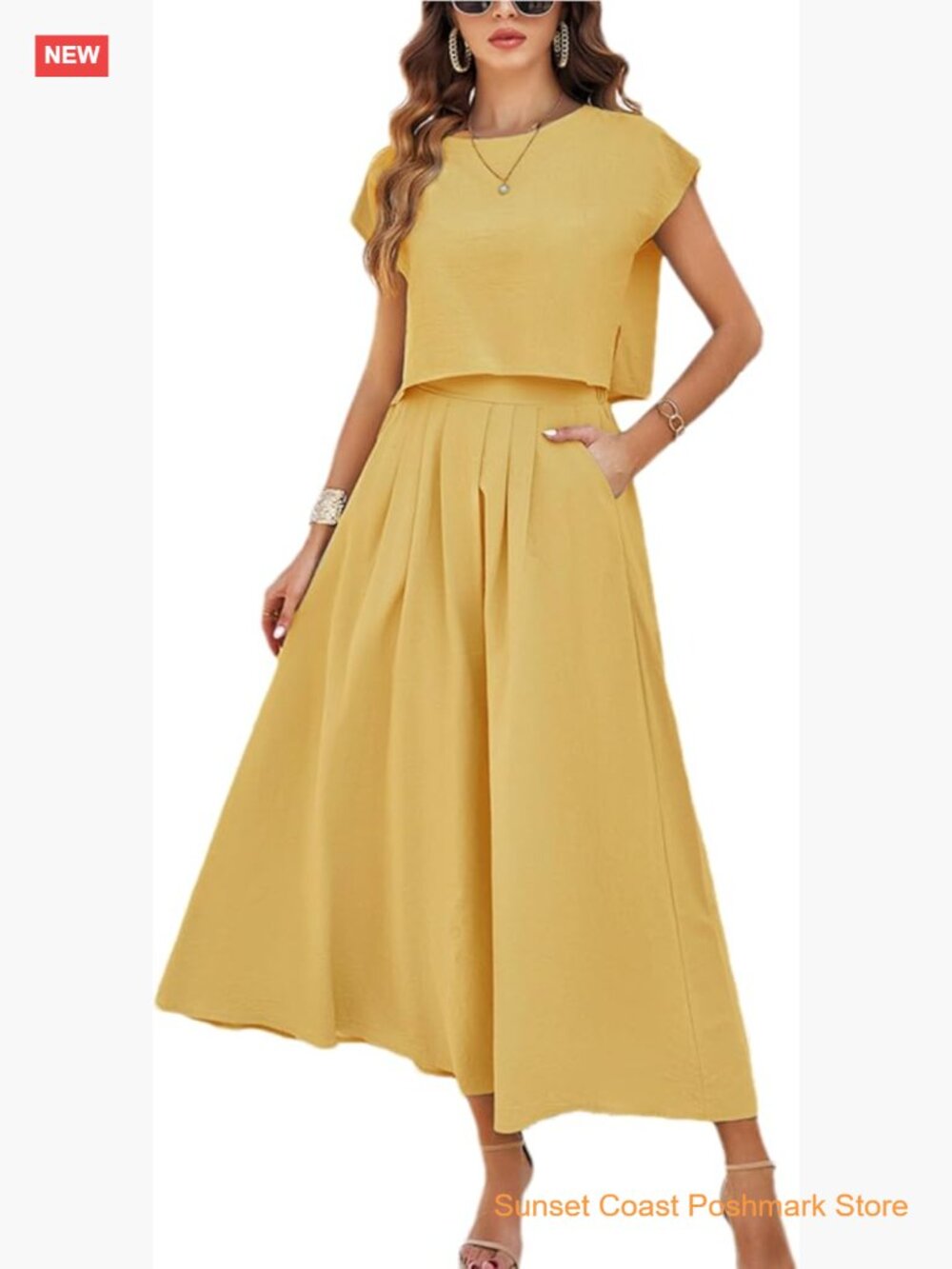 Women's 2 Piece Skirt Set Cap Sleeve Top Elastic Waist Maxi Skirt with Pockets